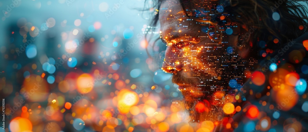 Poster In this clip, you will see a double exposure, a man programmer, a software developer working on a smart city. Binary, html computer code is shown on screen.
