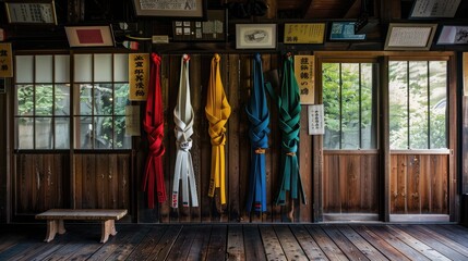 A judo dojo, with judo belts of different colors hanging on the wall, showcasing the tradition and discipline of the sport.