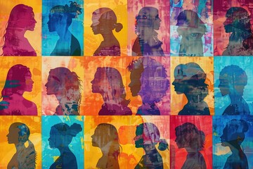 A mosaic of women silhouettes against vibrant backgrounds