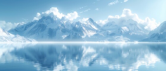 Fototapeta na wymiar Abstract Panoramic Wallpaper Showcasing Northern Futuristic Landscape Calm Waters Simple Geometric Mirror Arches Pastel Blue Gradient Sky Embraced By Minimal Aesthetic Arctic Landscape