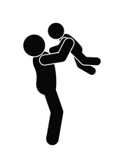 Fototapeta na wymiar stick figure icon man, parent holding child, human silhouette isolated on white