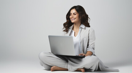 Woman sitting cross-legged on the floor, smiling and looking at a laptop placed on her lap against a plain white background.