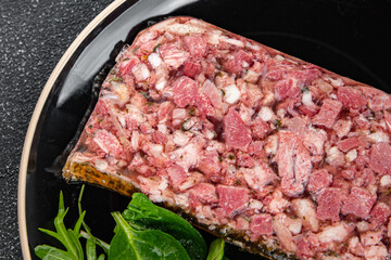 terrine meat slice pate Campagne meat loaf pork pie tasty fresh eating appetizer meal food snack on the table copy space food background rustic top view