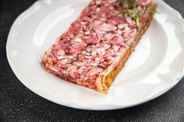 terrine meat slice pate Campagne meat loaf pork pie tasty fresh eating appetizer meal food snack on the table copy space food background rustic top view