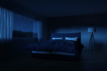 3d rendering of bedroom with cozy bed at night