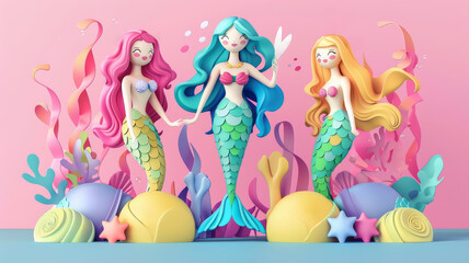 Colorful flat cartoon 3D mermaids art studio - obrazy, fototapety, plakaty
