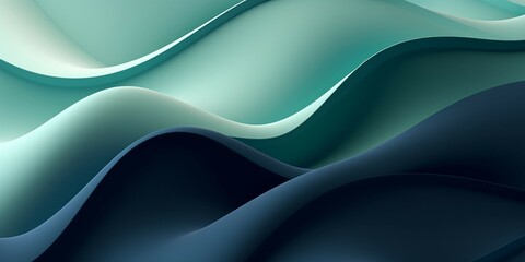 青緑と紺色の立体的な曲線の横長抽象背景バナー