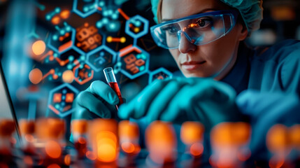 female researcher examines a blood sample with a futuristic holographic data display Interface in the foreground. Researcher Analyzing blood Samples in lab
