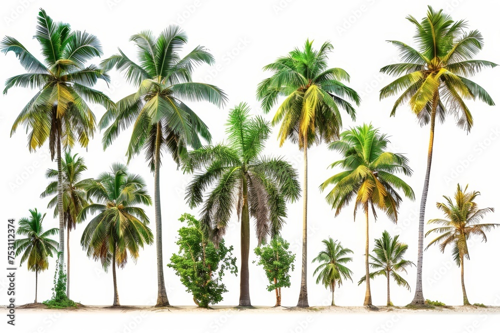 Sticker Isolated coconut and palm trees on white background, the collection of trees. Large trees grow in summer, making the trunks tall.