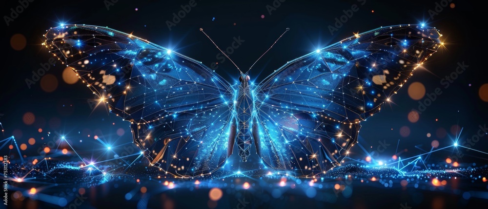 Poster a butterfly composed of polygons. a low poly illustration of a starry sky or cosmos. a digital flyer