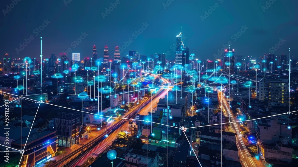 Poster Communication network concept of a smart city. 5G.  Wireless communication.