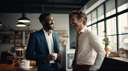 Two professionals engaged in a lighthearted conversation over coffee in a stylish workplace, exuding collaboration and camaraderie
