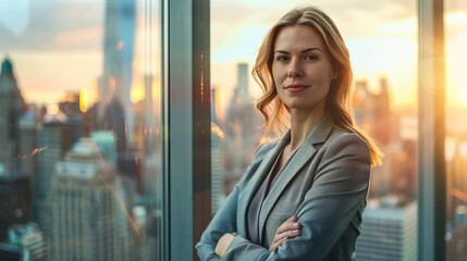 A stylish, professional woman, radiating confidence as she stands in front of a glass-walled office overlooking a city skyline, symbolizing success and leadership, real photo generative ai