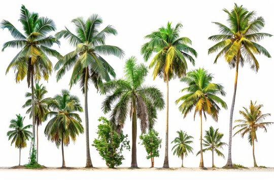 Isolated coconut and palm trees on white background, the collection of trees. Large trees grow in summer, making the trunks tall.