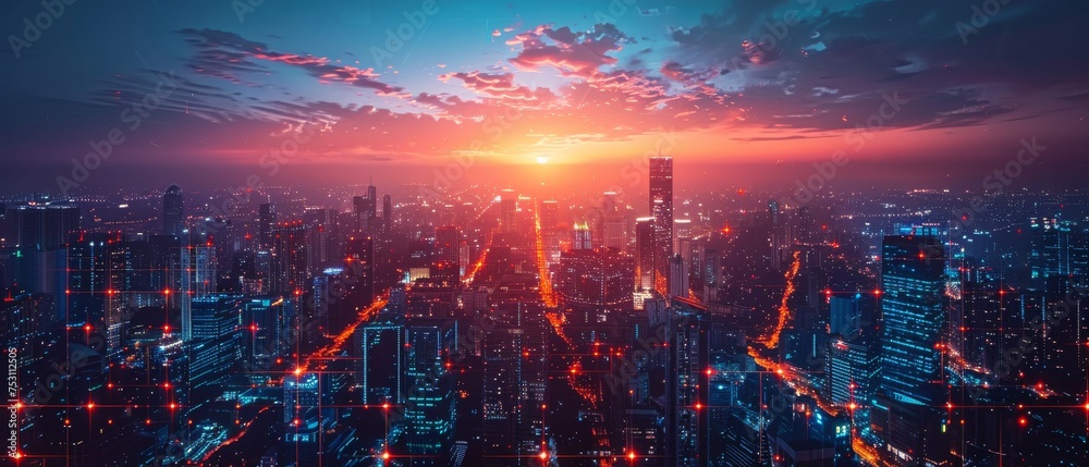 Poster The concept of a smart city. IoT (Internet of Things). ICT (Information Communication Technology).