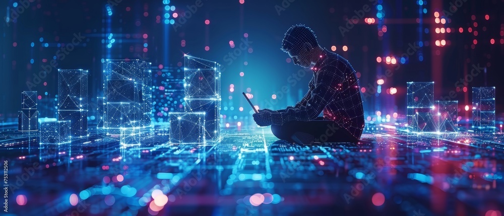Leinwandbilder ai and iot concept. businessman using a smartphone, laptop computer on technology background, 4.0 in