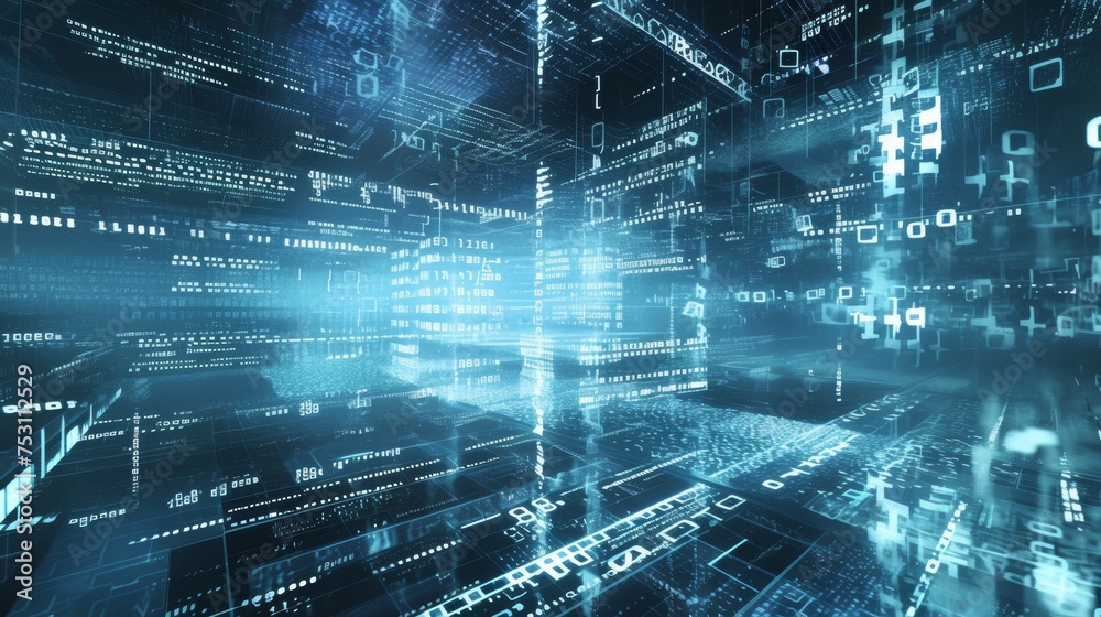 Fototapete The concept of digital transformation. Engineering systems. Binary code. Programming.