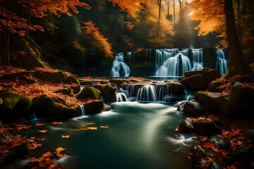 Immerse Yourself in Nature's Canvas: Exploring a Breathtaking Waterfall in the Heart of the Enchanting Forest for a Realistic and Mesmerizing Experience generated by AI - obrazy, fototapety, plakaty