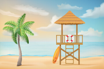 Fototapeta premium seascape with sand beach sea waves sky and clouds vector illustration