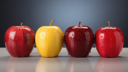 Four apples of different colors on a gray background. Apples with water drops lined up in a row.