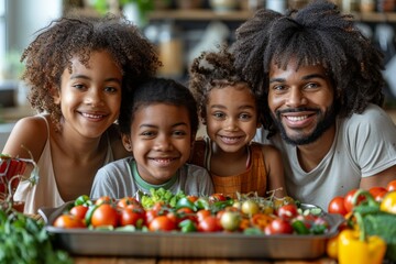 Four diverse family members smile amidst a selection of fresh vegetables, suggesting healthy eating
