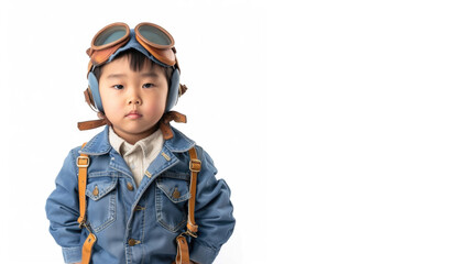 pilot little asian boy on white background, aviator, airman