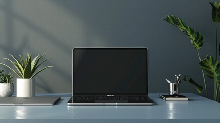 A sleek laptop mockup on a desk with office accessories, great for showcasing your website or software designs.