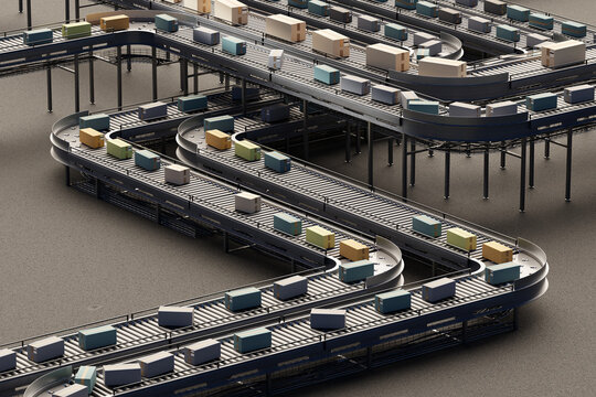 Conveyor with boxes. Automatic conveyor inside building. Fulfillment process. Boxes with FBS stickers. Fulfillment warehouse.  Cardboard boxes go on conveyor. 3d image