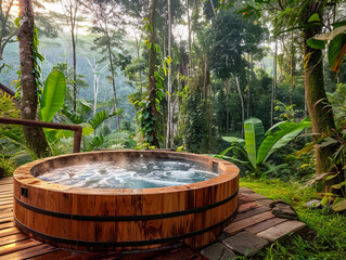 Fototapeta premium Large wooden jacuzzi in the forest,