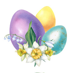 A set of Easter eggs in blue, yellow and purple with spring flowers of daffodils and lilies of the valley. Hand-painted watercolor illustration. Clipart for printing postcards.