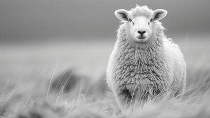 Black and white photograph of a sheep in nature. Monochrome shot of a sheep among tall grass.