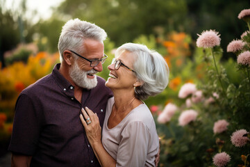 Generative AI portrait of elderly beautiful people loving couple enjoying summer time outdoors