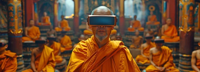 Fototapeten a filmmaker recording a monk's everyday routine in a Buddhist monastery while using virtual reality goggles. © tongpatong