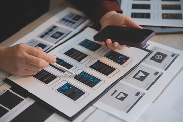 UX UI design process for modish mobile application and website . Creative prototype of wireframe...