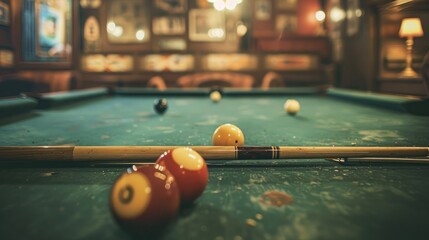 A vintage-style image of a billiard table in a rustic setting, with antique cues and balls, and a nostalgic atmosphere that evokes a sense of history and tradition.