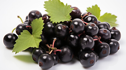 Bunches of ripe black currants with green leaves on an isolated white background