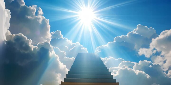 A stunning image showing a staircase leading up to the bright sun, surrounded by fluffy clouds in a clear blue sky.