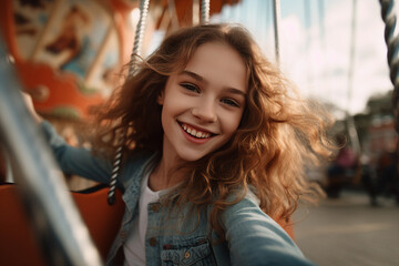 Obraz premium AI generated photo of happy young child riding on a colorful carousel amusement park