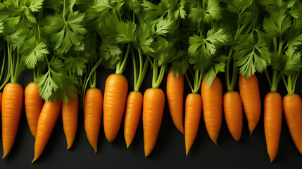 A row of fresh carrots with green tops on a dark background.