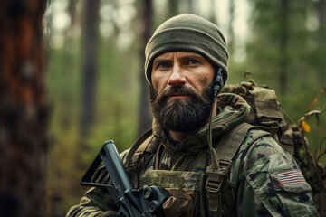 Obraz premium Generative AI illustration of an armed soldier in uniform with weapons war action in wood