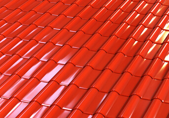 Red roof of building. Metal tiles to protect house from rain. Durable housetop for private and...