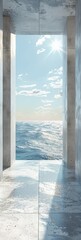 Minimalist White Concrete Interior with Sea View Rendering Generative AI
