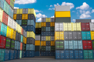 Containers with imported goods. Freight harbor area. Container yard in sunny weather. Tare for transporting goods across ocean. Container yard with tall stacks. Export warehouse. 3d image