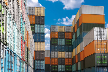 Open air warehouse for shipping containers. Multi-colored cargo containers are stored on top each other. Sea harbor with tare for shipping. Warehouse containers for transportation on ship. 3d image - obrazy, fototapety, plakaty