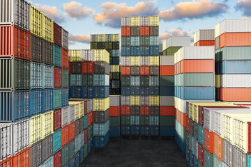 Commercial dock with containers. Multi-colored tare for sea export. Logistics dock with sea containers. Warehouse in seaport. Metal containers are stored in stacks. Transportation, delivery. 3d image