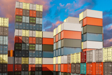 Freight transportation. Container warehouse. Stacks colorful tare await loading onto ship. International freight transportation. Container warehouse under morning sky. Containers near port. 3d image