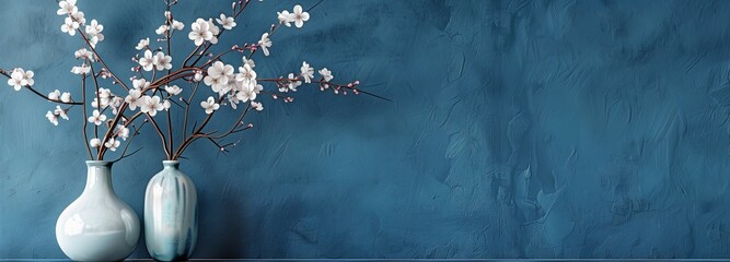 Simple, uncluttered spring background featuring tiny vases with delicate cherry blossom tree branches displayed on a blue table and navy blue wall.