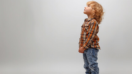 Pensive child boy in jeans and shirt looking up on studio monochromatic white background
