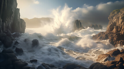 rugged coastline with waves crashing against the rocky seashore