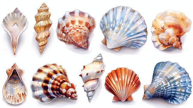 Clipart, sea shells, watercolor images on a white background